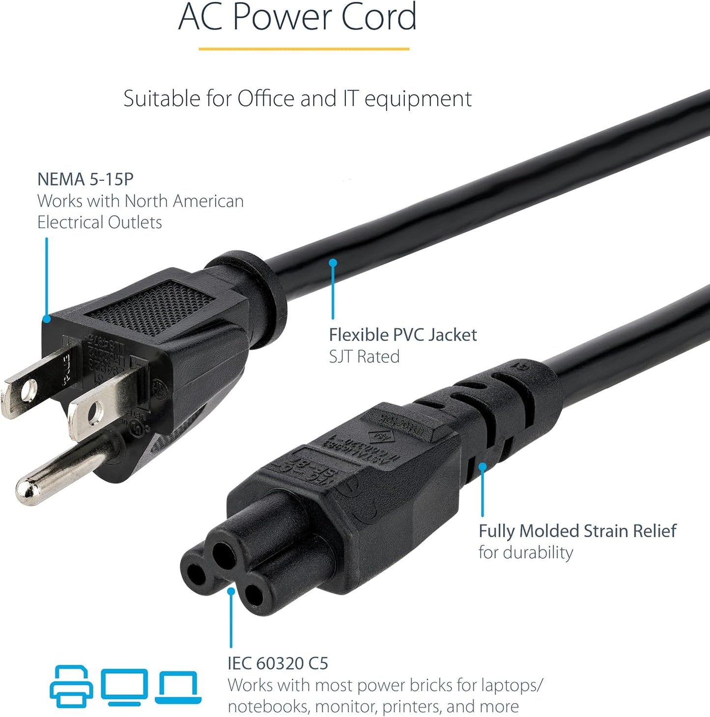6Ft (1.8M) Laptop Power Cord NEMA 5-15P to C5 (Mickey Mouse) 10A 125V 18AWG Laptop Replacement Charger Cord Brick Cord - UL Listed (PXT101NB3S)