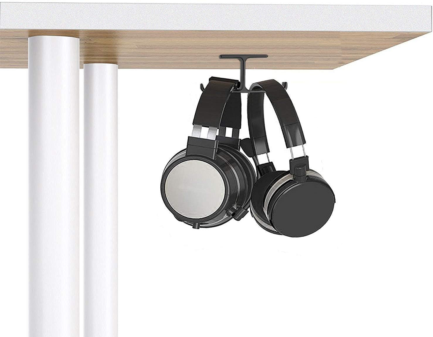 Headphone Headset Holder,  Headphones Stand Hanger Hook Aluminum Stick-On Adhesive under Desk Dual Headsets Holder Mount Gaming Accessories for All Headphones, Black